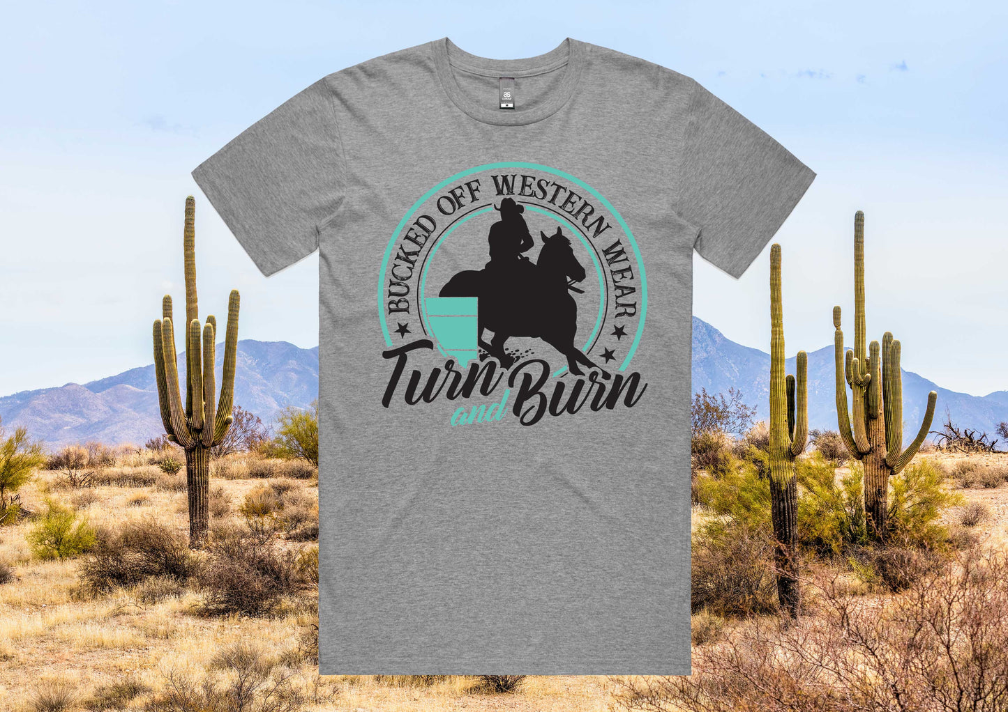 Turn & Burn Turquoise and Black print on Light Grey Tee
