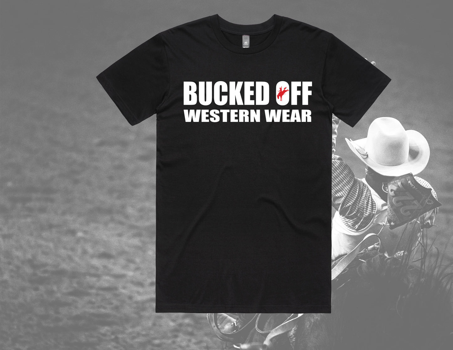 Bucked Off Western Wear Tee with Red Bronc