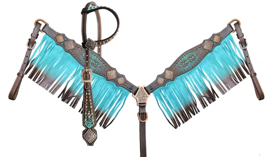 Teal / Brown Ombre Fringe tooled leather Headstall and Breast collar set with gator accents & beading.