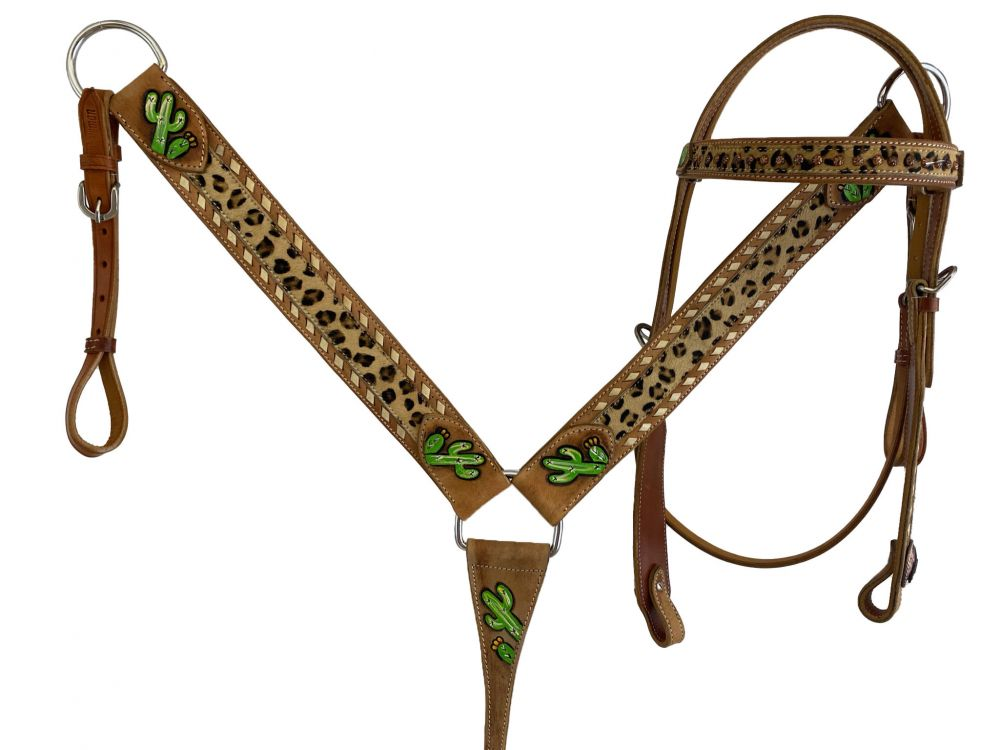 Hand Painted Cactus Brow band Headstall and Breast collar Set with cheetah hair accent.