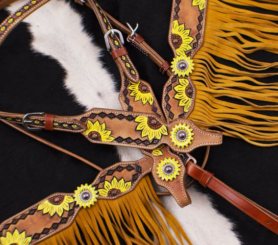 Hand Painted Sunflower Brow band Headstall and Breast collar Set with Sunflower Conchos.