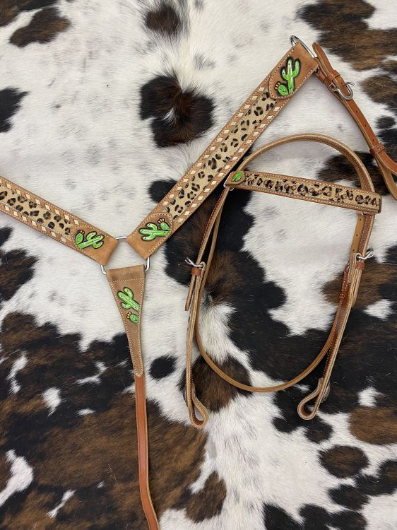 Hand Painted Cactus Brow band Headstall and Breast collar Set with cheetah hair accent.