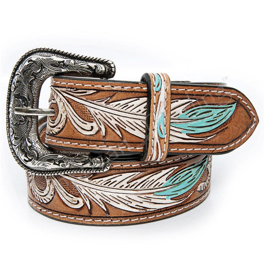 White/Blue Feather Hand Tooled Leather Belt with Floral Design