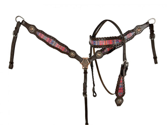 Pink Aztec Printed with lacing Leather Bridle, reins and Breastplate Set