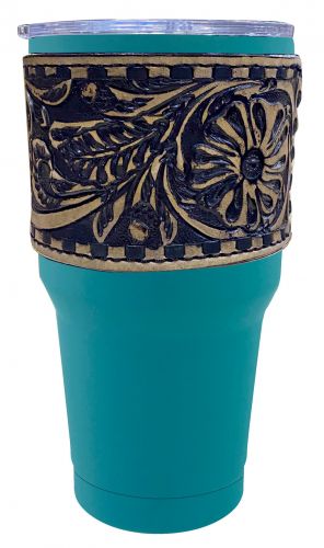 Teal 30OZ Steel tumbler with Floral leather sleeve