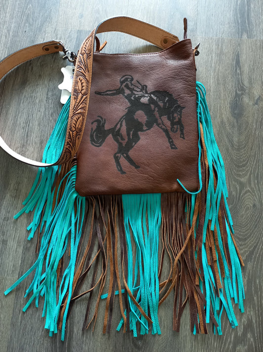 Bronc stamped Teal and Brown Cross over Bag
