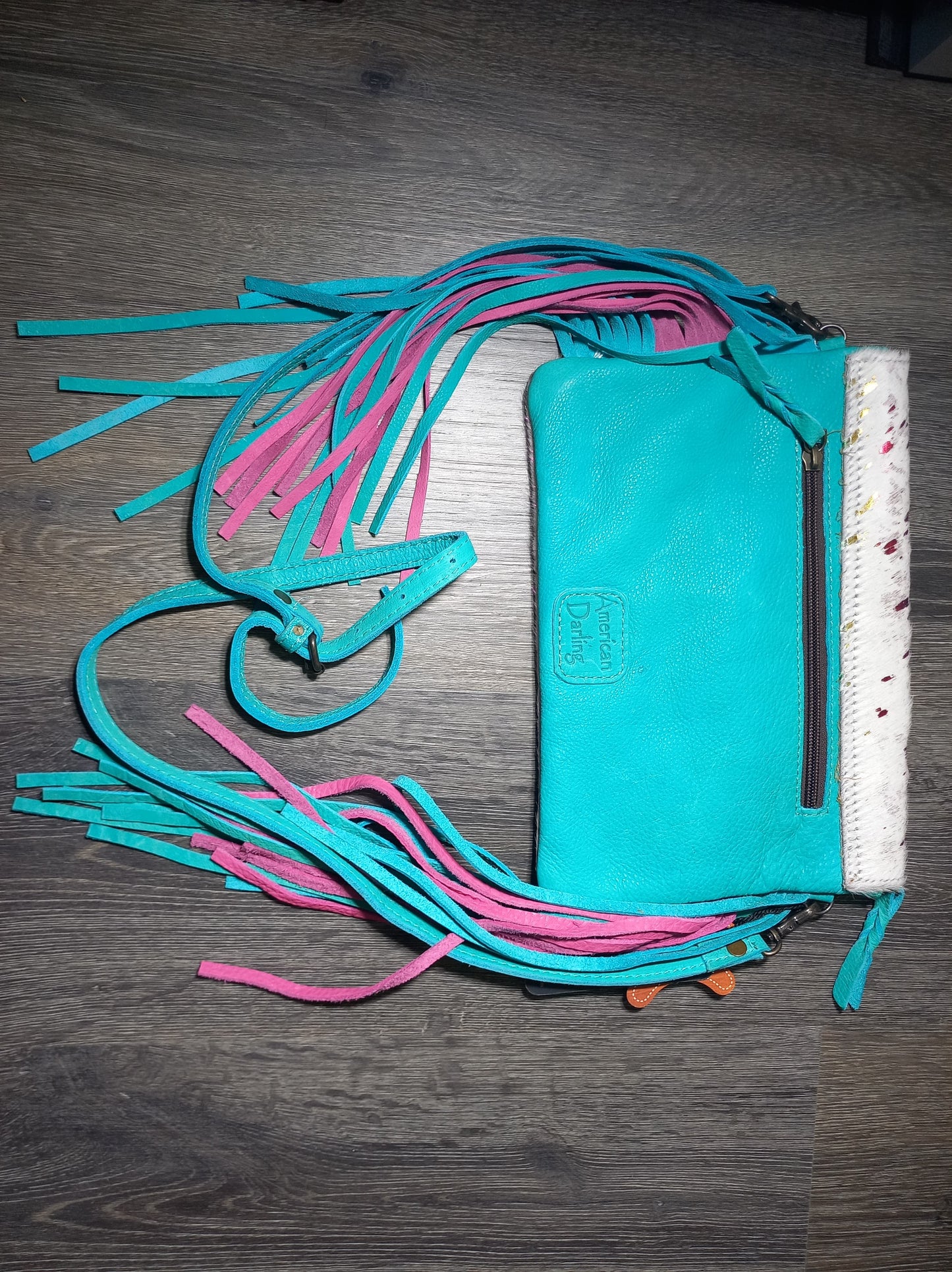 White Rainbow with Teal and Pink Fringe envelope bag