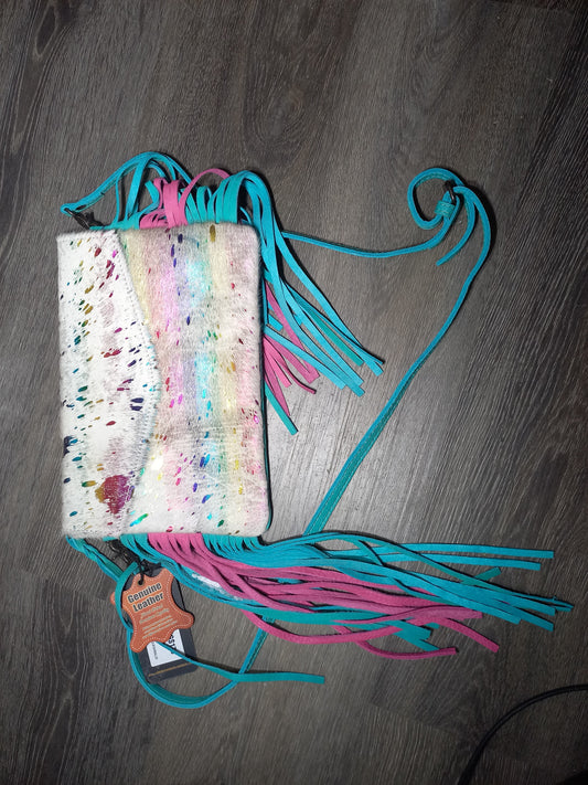 White Rainbow with Teal and Pink Fringe envelope bag