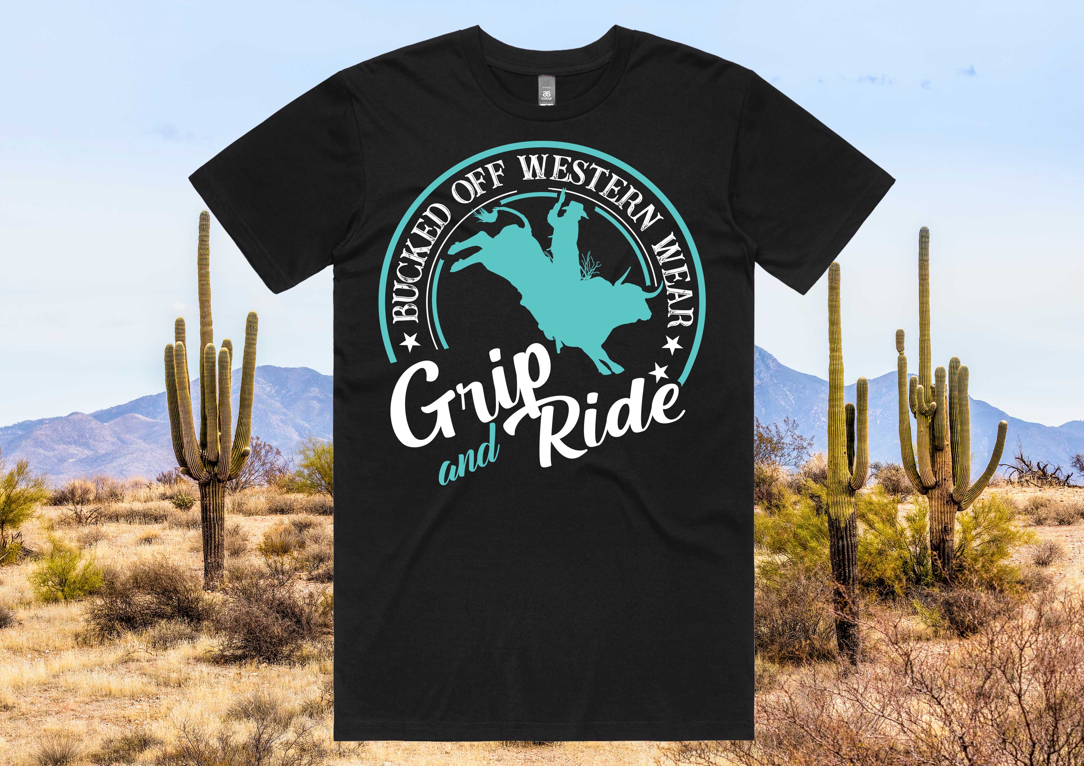 Grab Rider Shirt Grip & Ride Aqua Print Black Tee – Bucked Off Western Wear