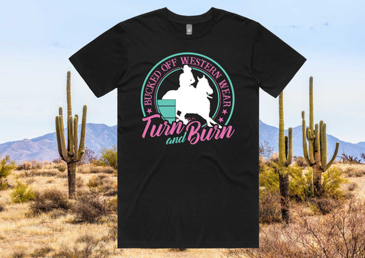 Turn & Burn Turquoise, white and Pink print on Black Tee